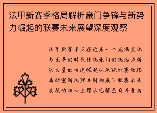 法甲新赛季格局解析豪门争锋与新势力崛起的联赛未来展望深度观察